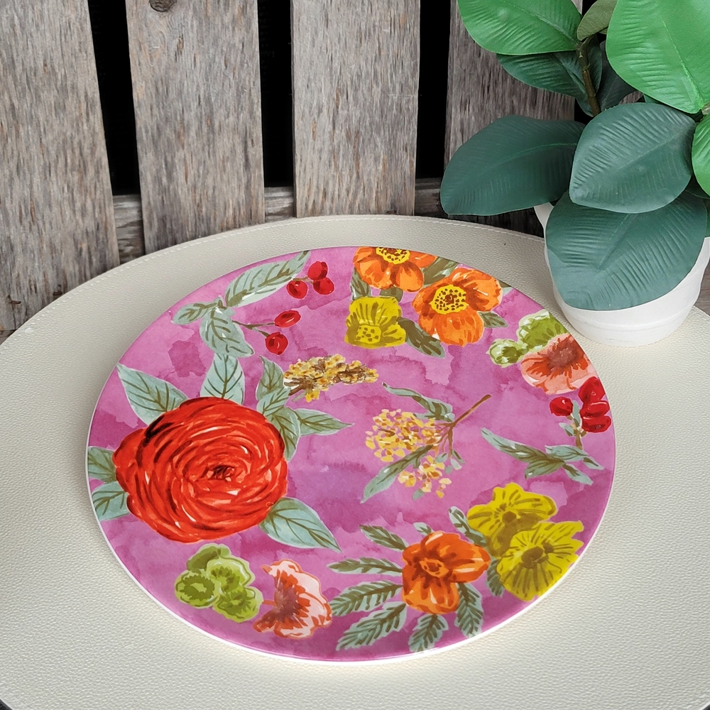 World Market Floral Pink & Orange Ceramic Plate with Vibrant Colors - Picture 3 of 4
